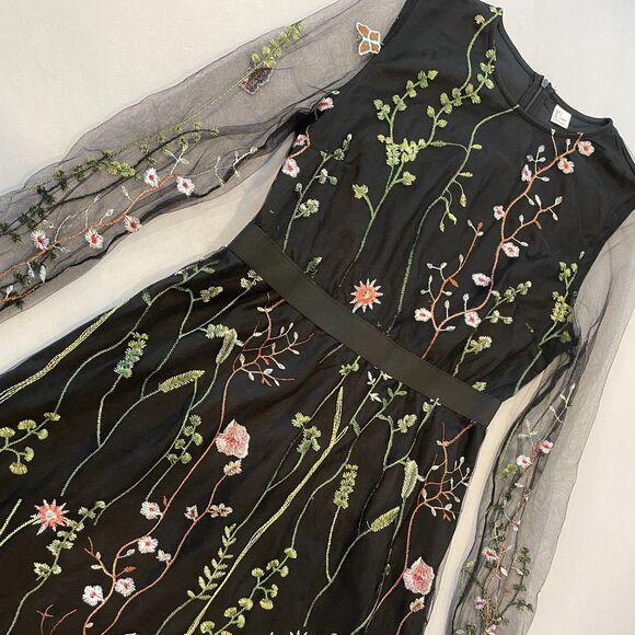 ~ Lg Floral Boho Sheer Dress Botanical Black Flowers Long Sleeve Bohemian Knee - Picture 2 of 14